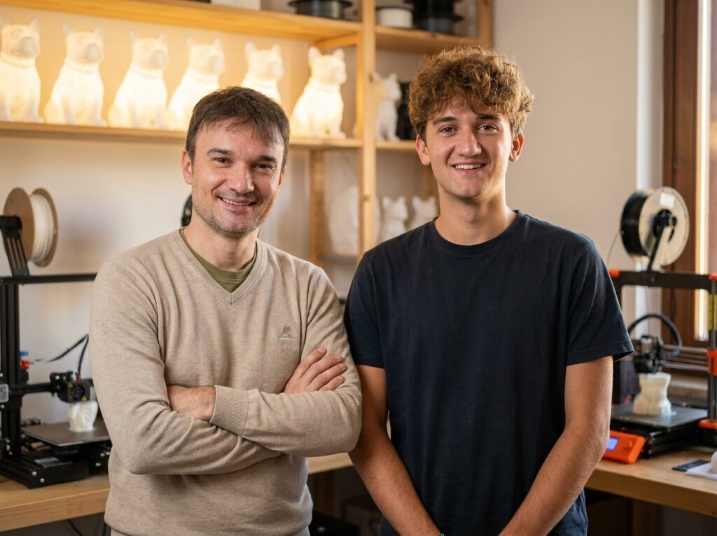 Teo e Marco, fondatori di Lampade di Teo, nel loro laboratorio