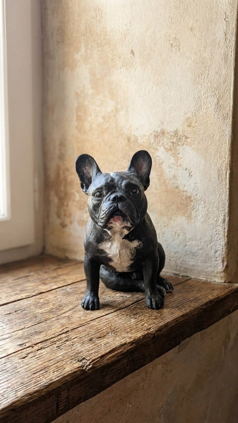 Lampada Bully — bulldog francese dipinto a mano, vista sul davanzale