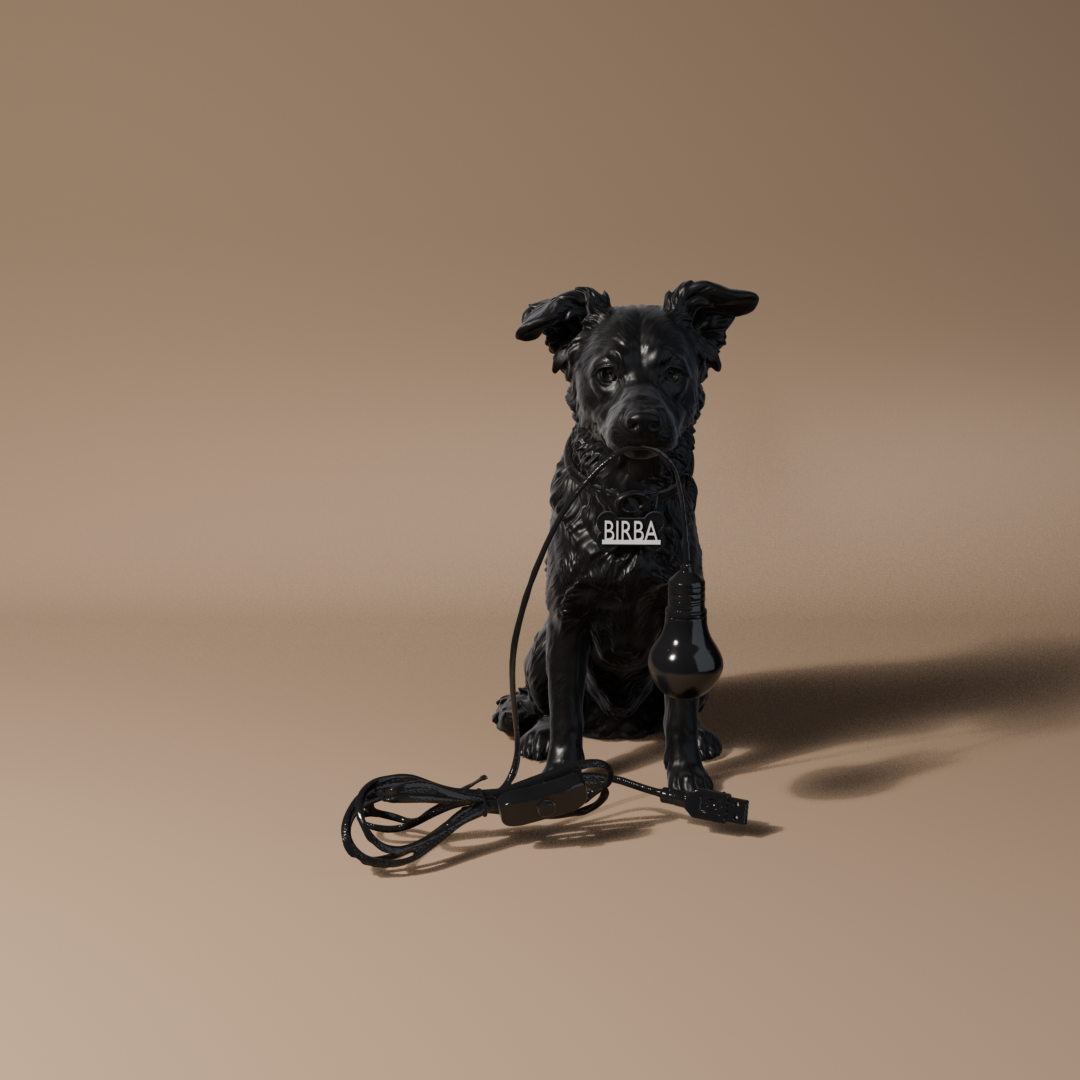 Lampada Birba, statua cane nero con lampadina, 23-24 cm