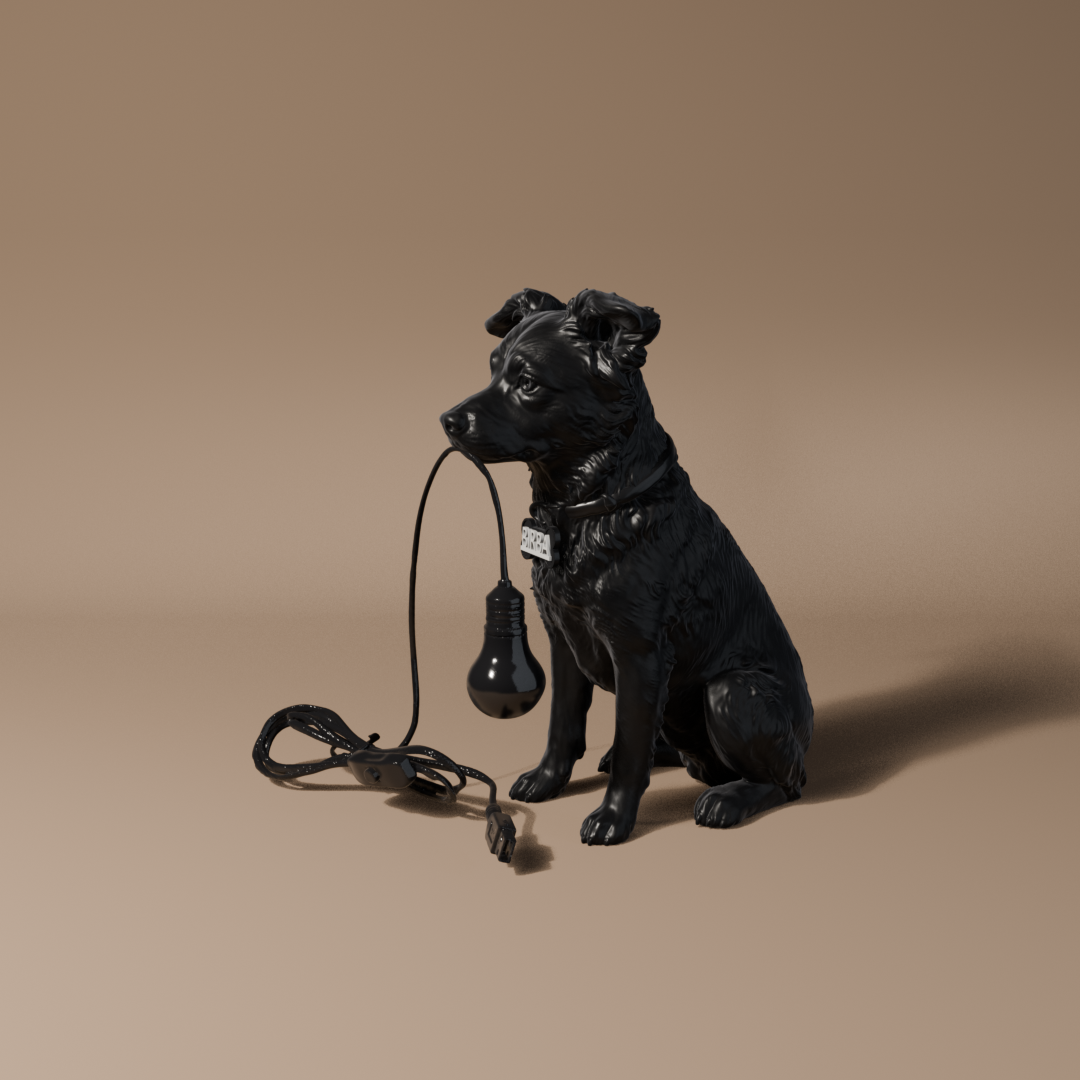 Lampada Birba, statua cane nero con lampadina, 23-24 cm
