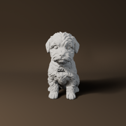Lampada scultura 3D di Dea, maltese bianca seduta con collarino e targhetta col nome